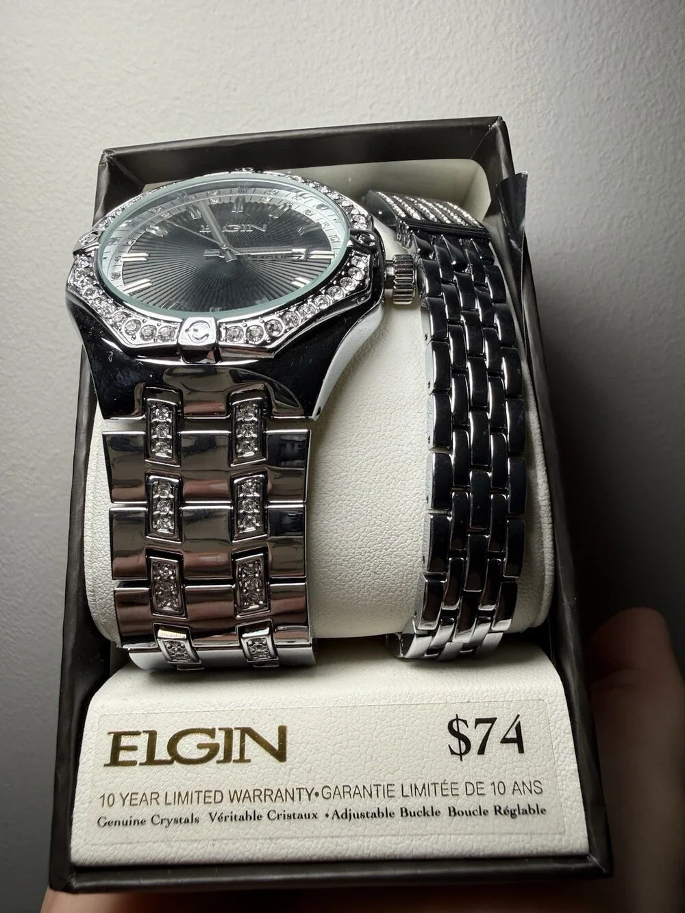 Elgin Men’s Crystal Watch & Bracelet Gift Set Silver Tone New Old Stock Box